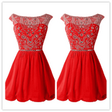 Red Beading Red Chiffon Short Sexy Homecoming Dresses Prom Dresses - Laurafashionshop