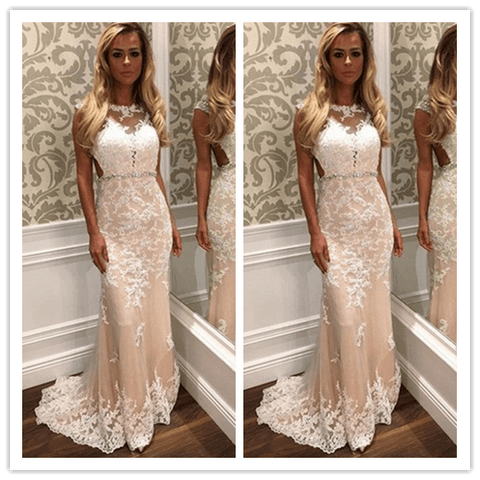 Beading Charming Lace Sheath Evening Dresses Prom Dresses - Laurafashionshop