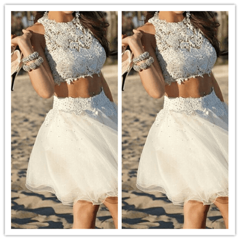 Two Piece White Tulle 2 Pieces Cocktail Dresses Prom Dresses - Laurafashionshop