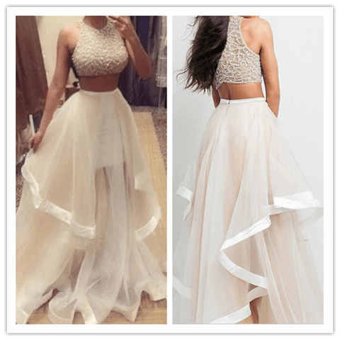 White Beading Two Pieces Real Made Evening Dresses Prom Dresses - Laurafashionshop