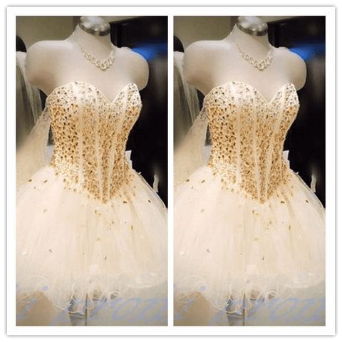 White Tulle Princess Party Prom Dress With Gold Beading - Laurafashionshop