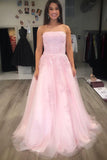 Tulle Appliques Beading A-Line Pink Strapless Pearl Prom Dress with Lace