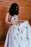 A-line Lace Strapless Floral Appliques White Long Prom Dress