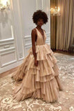 Formal Evening Dress Long A Line V Neck Tulle Prom Dresses With Ruffles