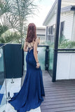 Simple V Neck Navy Blue Spaghetti Straps Mermaid Evening Dress Long Prom Dress