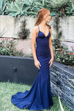 Simple V Neck Navy Blue Spaghetti Straps Mermaid Evening Dress Long Prom Dress