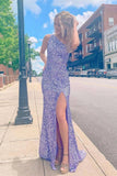 Lavender Stunning One Shoulder  Sequins Long Prom Dress With Slit