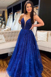 School Party Gown Royal Blue Pageant Dresses Sparkling A Line Deep Evening Dress V Neck Prom Dress
