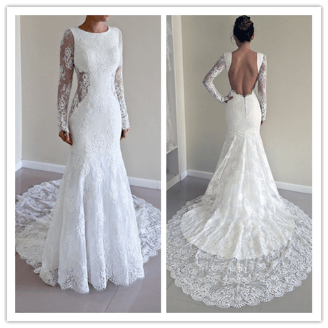 White Lace Mermaid Long Sleeves Wedding Dress - Laurafashionshop