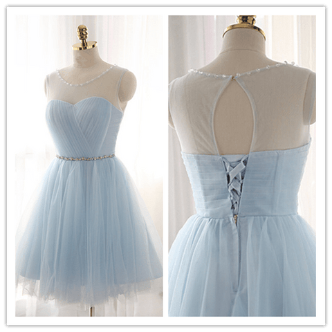 Beading Sparkly Sky Blue Fitted Silver Cocktail Dress Prom Dresses Homecoming Dresses - Laurafashionshop