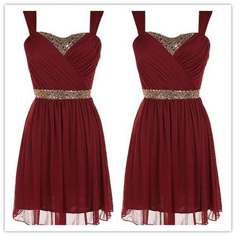 Beading Burgundy Chiffon Short Prom Dress - Laurafashionshop