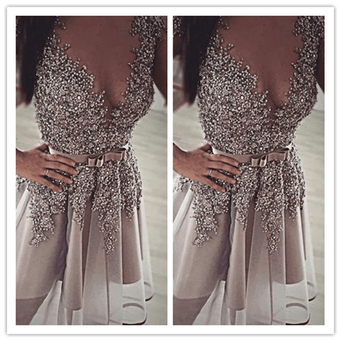 Backless Short Grey Sequined Prom Dresses - Laurafashionshop