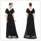 Chiffon Black V-Neck Long Bridesmaid Dress With Flutter Sleeves Prom Dresses - Laurafashionshop