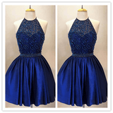 Beaded Bodice Halter High Neck A-line Royal Blue Taffeta Short Prom Dress - Laurafashionshop