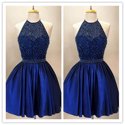 Beaded Bodice Halter High Neck A-line Royal Blue Taffeta Short Prom Dress - Laurafashionshop