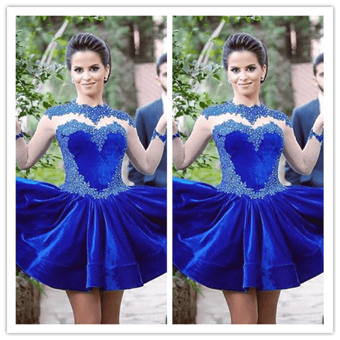 Long Sleeves Lace Royal Blue Homecoming Dress Prom Dresses - Laurafashionshop