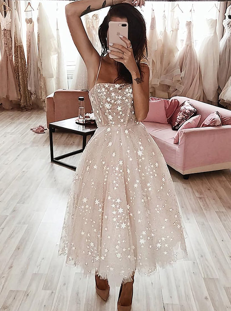 A-line Spaghetti Strap Pearl Pink Tulle Homecoming Dress