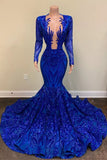 Mermaid Long Sleeve V-neck Royal Blue Sequins Prom Dress with Appliques