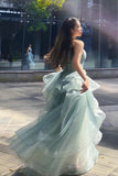 Gray Spaghetti Straps Formal Evening Party Dresses Tulle Princess Long Formal Prom Dresses