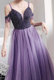 Beaded Lilac Tulle Party  Dress A Line Elegant Long Prom Dress