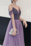 Beaded Lilac Tulle Party  Dress A Line Elegant Long Prom Dress