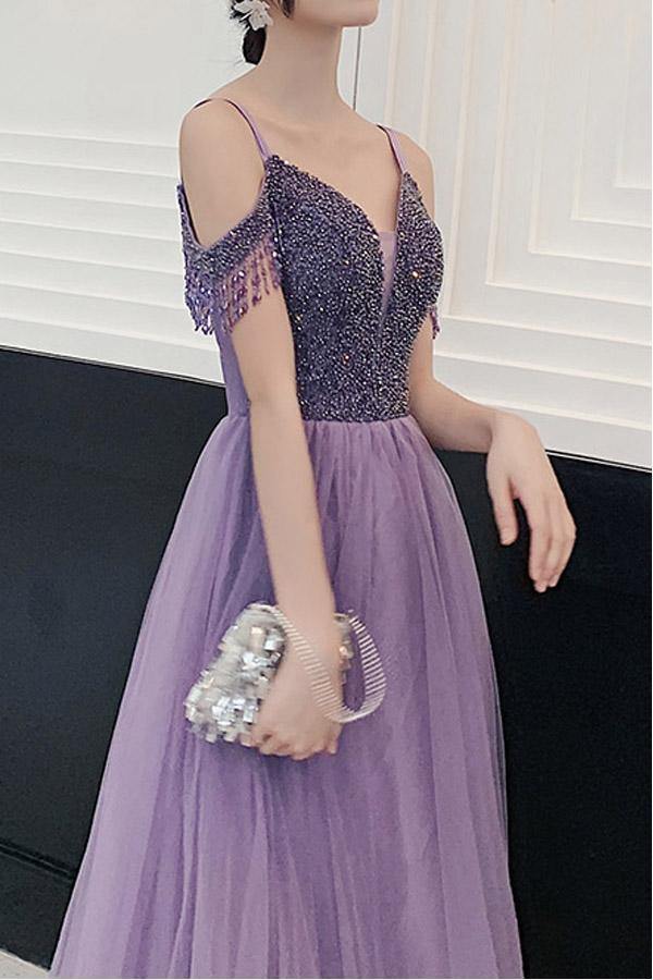 Beaded Lilac Tulle Party  Dress A Line Elegant Long Prom Dress