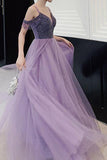 Beaded Lilac Tulle Party  Dress A Line Elegant Long Prom Dress