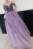 Beaded Lilac Tulle Party  Dress A Line Elegant Long Prom Dress