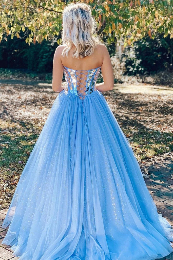 Sweetheart Shiny Formal Evening Dresses Sequins BlueTulle Long Prom Dresses