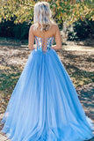 Sweetheart Shiny Formal Evening Dresses Sequins BlueTulle Long Prom Dresses