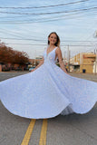 A-Line V-Neck Formal Evening Dresses Shiny White Sequins Long Prom Dresses