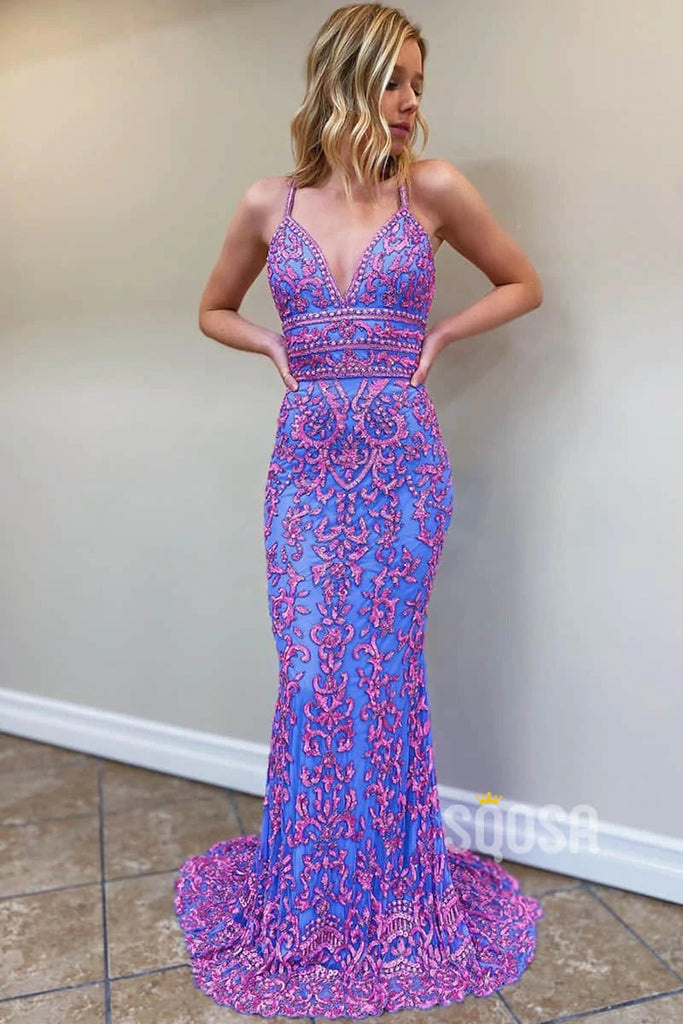 V-Neck Formal Evening Dress Mermaid Spaghetti Straps Long Prom Dresses