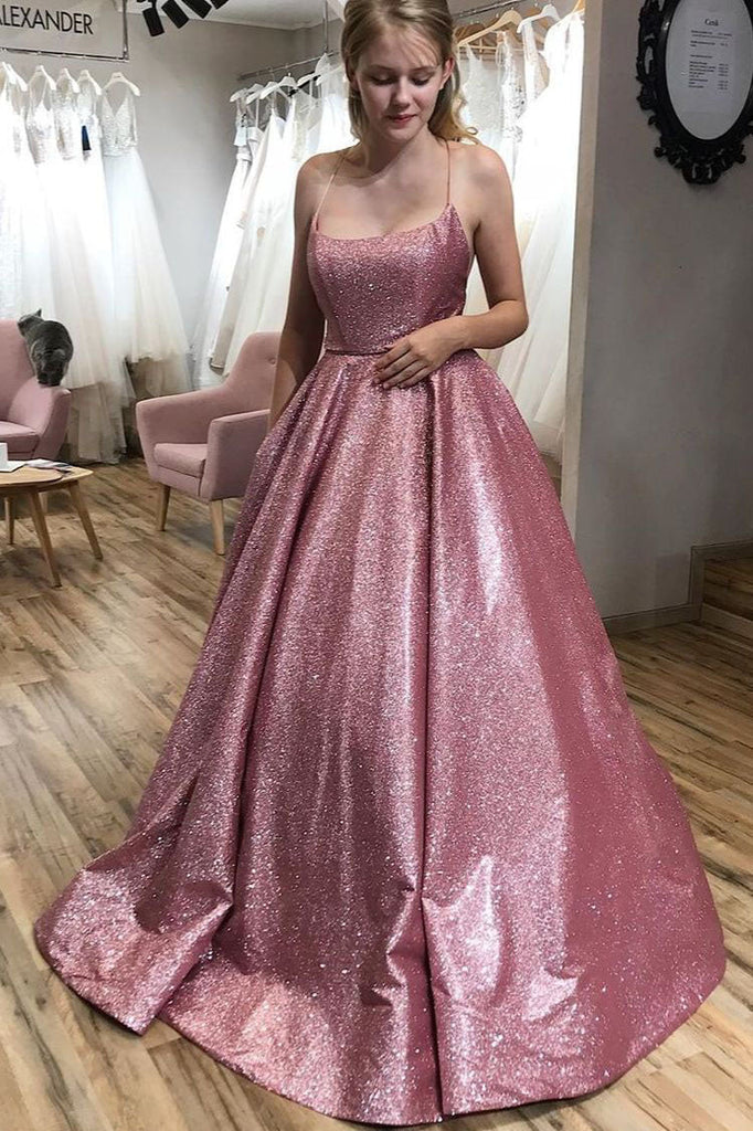 A-line Scoop Sparkle Long Pink Spaghetti Straps Prom Dress with Pockets