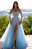 A-Line Sky Blue Party Dress Gorgeous Off-the-Shoulder Prom Dress Sequins With Slit