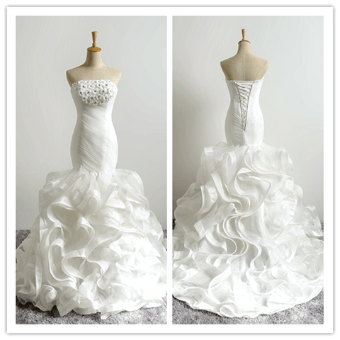 White Ruffle Mermaid Sweetheart Tiered Wedding Dress - Laurafashionshop