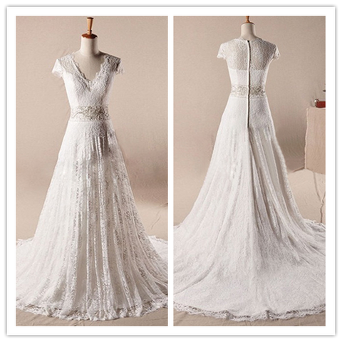 A Line Lace Detachable Chiffon Tail Wedding Dress