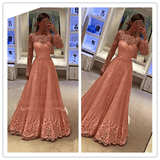 Long Sleeves Blush Lace Beaded Detail Evening Formal Dresses - Laurafashionshop