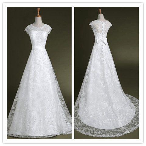 Crew Neckline Cap Sleeve Romantic Lace Charming Wedding dress - Laurafashionshop