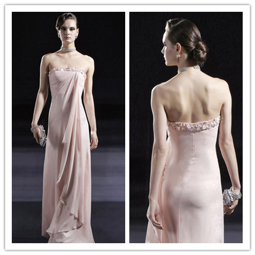 Custom chiffon beautiful beaded strapless draping peachy pink pageant dresses