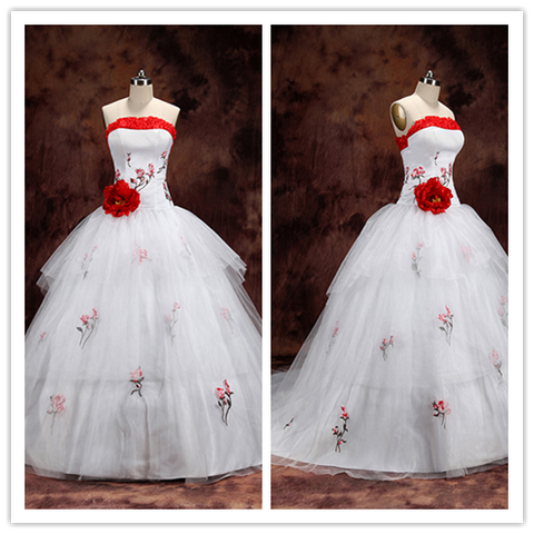 White Tiered Red Eembroidery Ball Gown Bridal Wedding Dress