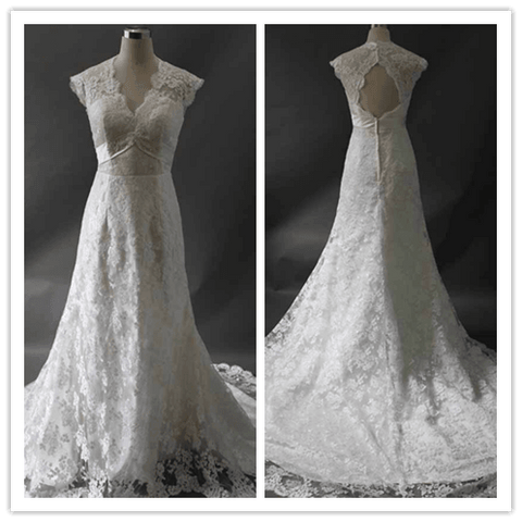 Elegant Long Sleeves Lace Scoop Ivory Mermaid Wedding Dresses With Button - Laurafashionshop