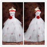 White Tiered Red Eembroidery Ball Gown Bridal Wedding Dress