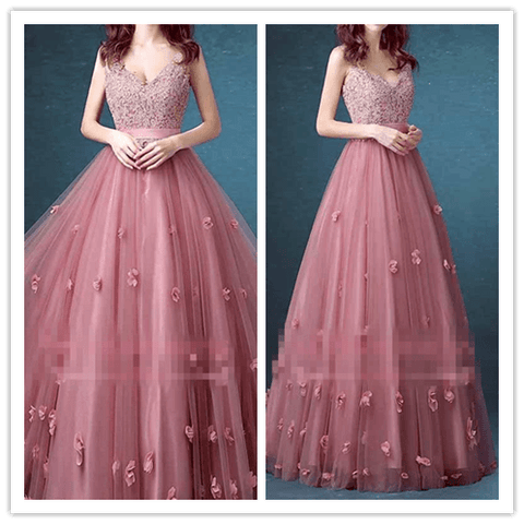 A-line Beaded Long Lace Sleeveless Floral-Appliques Prom Dresses - Laurafashionshop