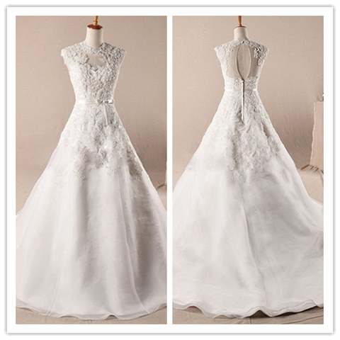 Sleeveless A-line Scoop Neck Court Train Beading Zipper Organza Wedding Dress