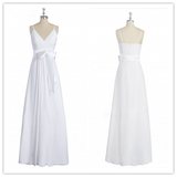 Floor-length Perfect Column Chiffon V-neck Draped Wedding Dresses