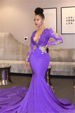 V-Neck Mermaid Purple Long Sleeves  Long Prom Dress With Lace Appliques