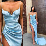 Sexy Party Dress Mermaid Baby Blue Spaghetti-Strap Long Prom Dress With Slit