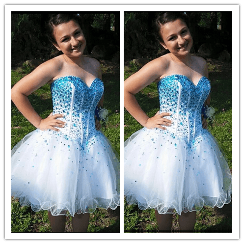 Beading White Blue Homecoming Dresses Prom Dress - Laurafashionshop