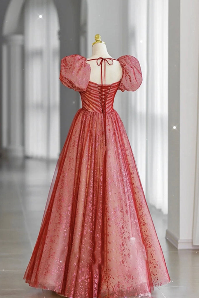 A Line Tulle Formal Evening Dress Sweetheart Neck Red Long Prom Dress