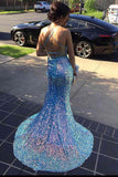 Blue V Neck Mermaid Long Evening Dresses Sequin Sparkle Shiny Prom Dress